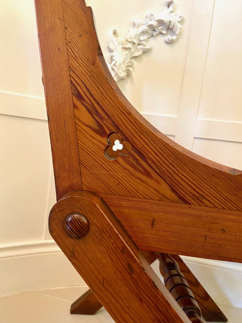 Unusual Antique Set of Twelve Gothic Pitch Pine Dining Chairs - Image 13